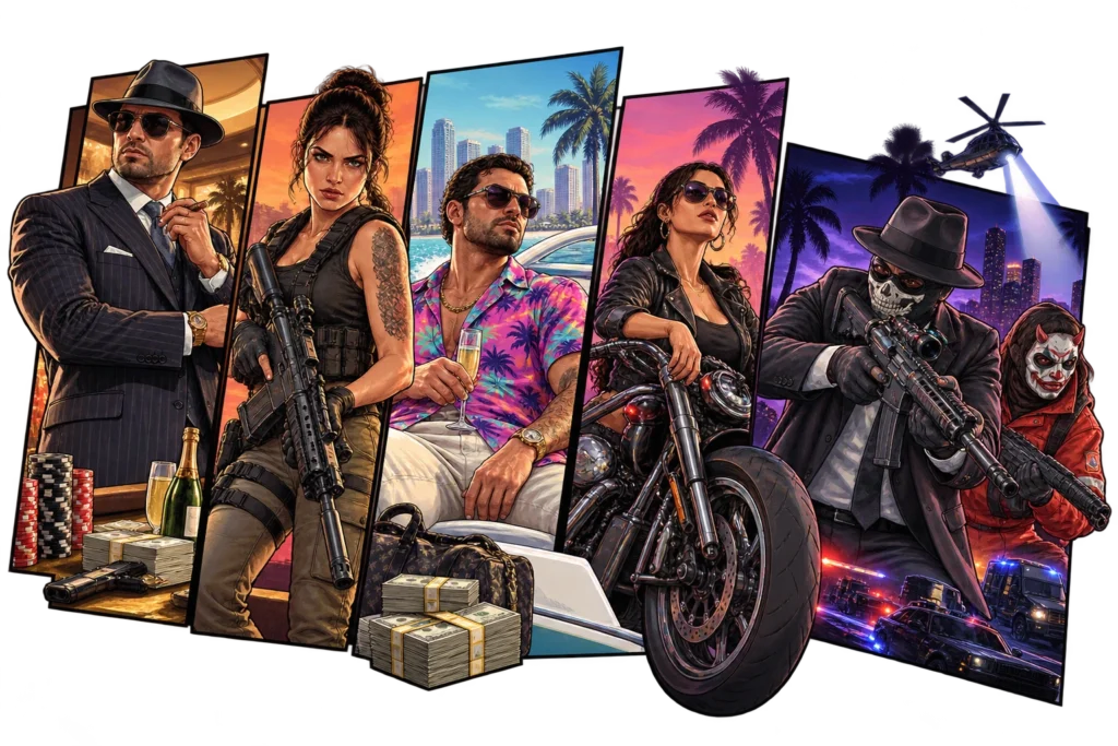 GTA Unlock All kaufen bei AFYX Gaming – Artwork mit Casino, Bikerin und Heist-Team